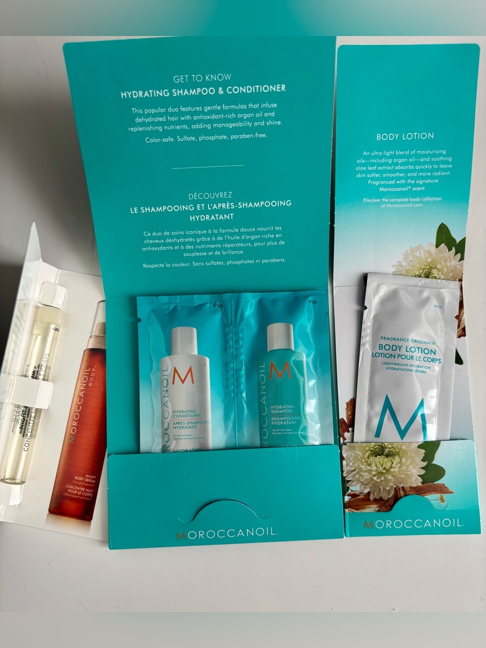 NEW Moroccan Oil Body Serum deluxe tube, Body Lotion, Shampoo&Conditioner Sample
